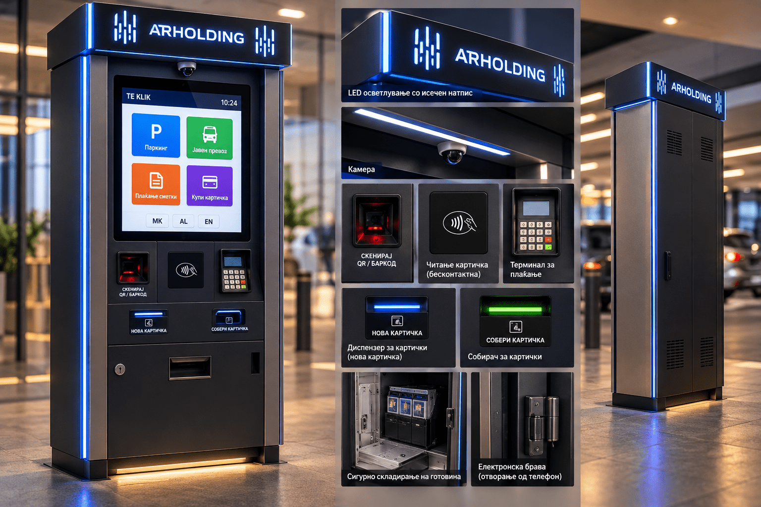 Custom self-service payment kiosk with touchscreen, cash acceptance, card and QR readers, and illuminated metal enclosure