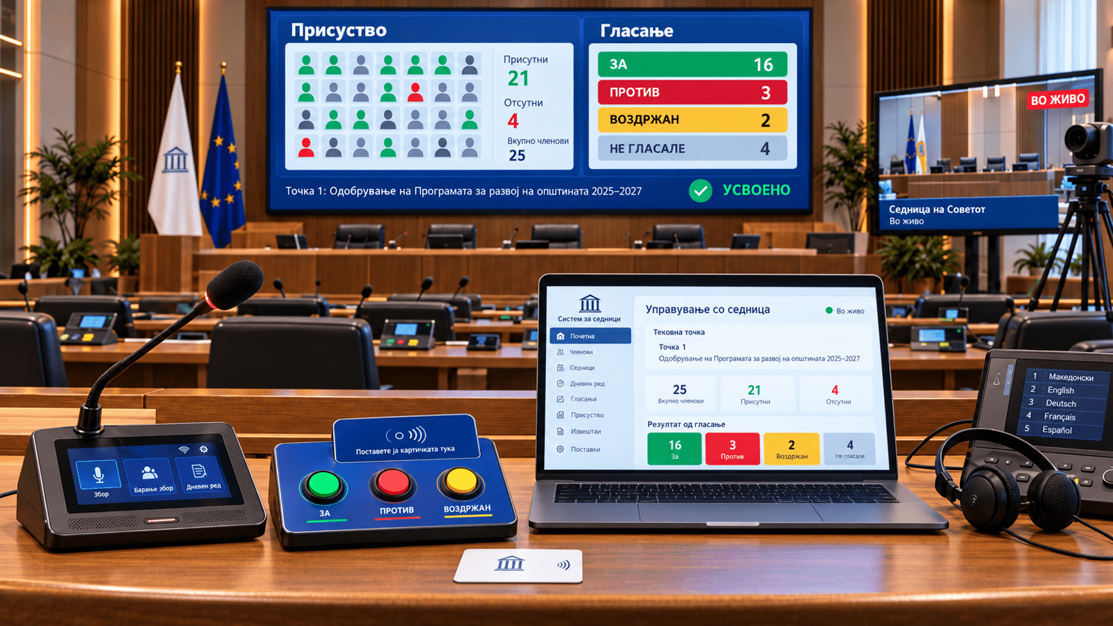 Electronic council voting terminal, live presence and voting display, and conference management